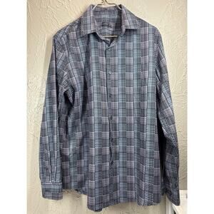 Tasso Elba Men's Black Blue‎ Dobby Woven Button Down Plaid Shirt Size Medium